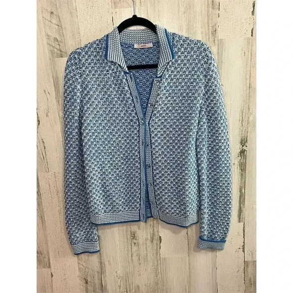 Leggiadro Women's Blue Herringbone Cardigan Sweater Size L - Picture 2 of 11